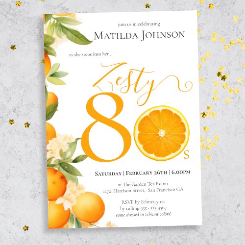 Zesty Orange Fun 80th Birthday Party Invitation