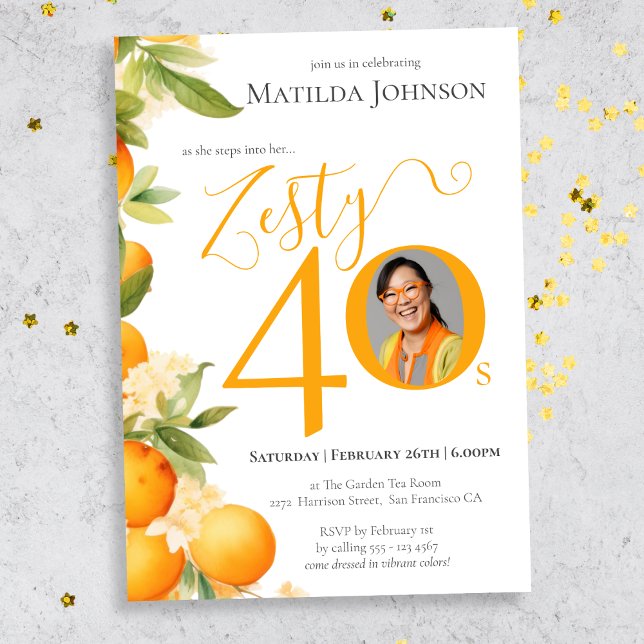 Zesty Orange Photo 40th Birthday Party Invitation (Mockup View)