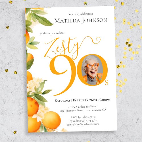 Zesty Orange Photo 90th Birthday Party Invitation