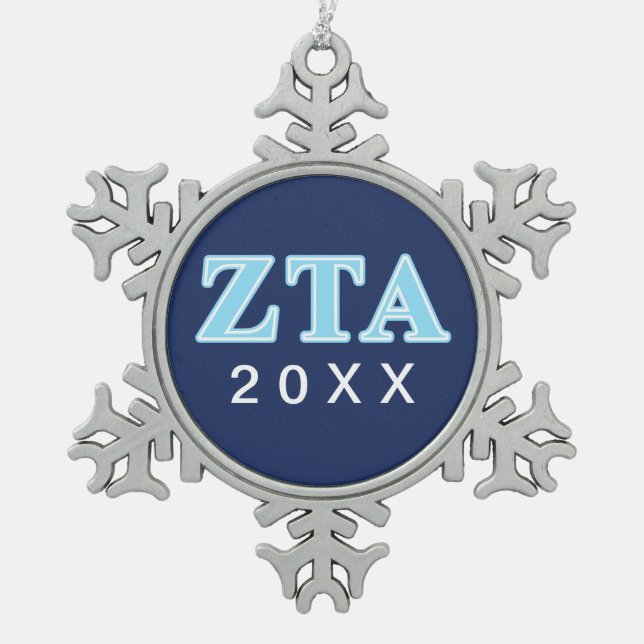 Zeta Tau Alpha Baby Blue Letters Snowflake Pewter Christmas Ornament (Front)