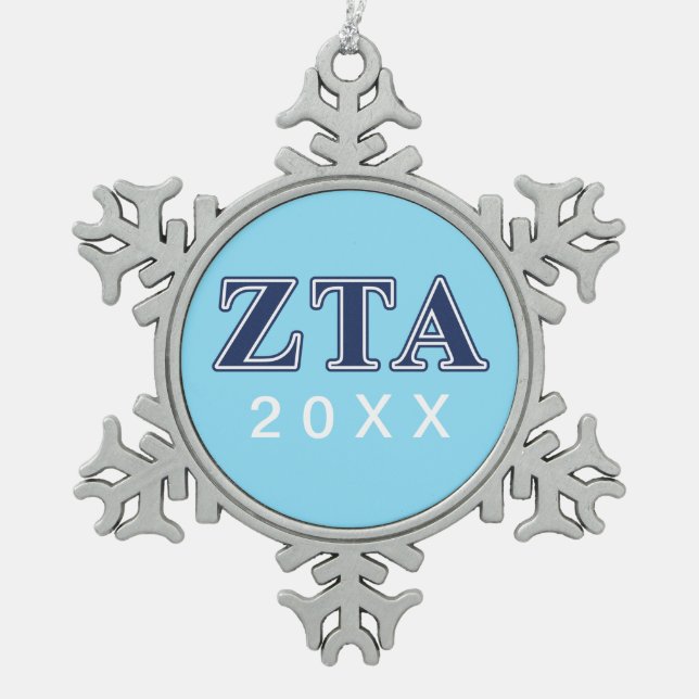 Zeta Tau Alpha Navy Letters Snowflake Pewter Christmas Ornament (Front)
