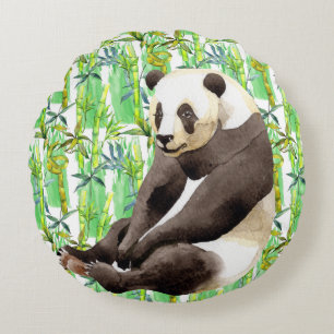 Zhen Zhen the Panda on Bamboo Round Pillow