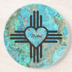 Zia Heart Turquoise On Sandstone Custom Name Coaster