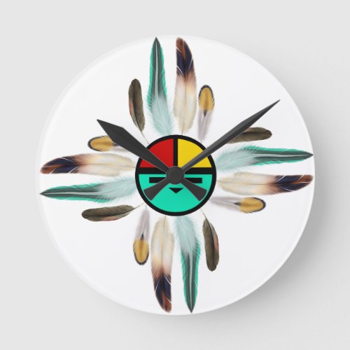 Zia Sun God with Feathers Round Clock