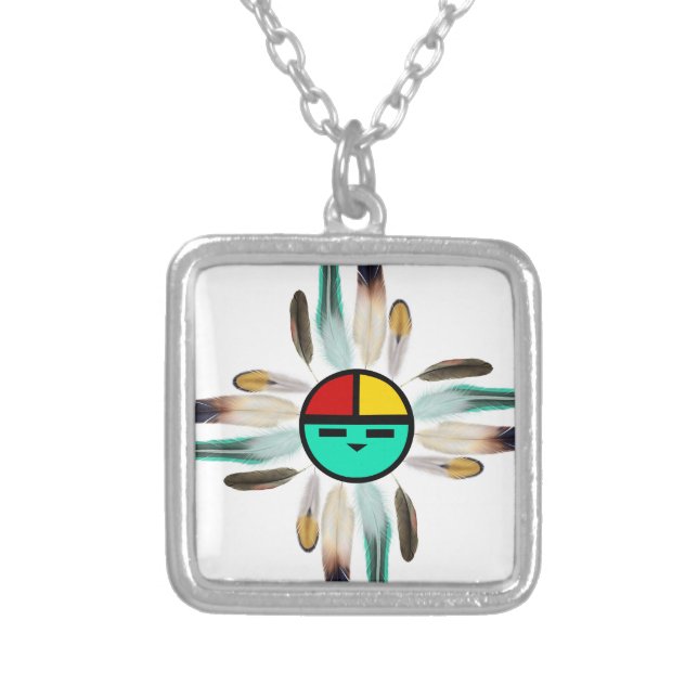 Zia Sun God with Feathers Silver Plated Necklace (Front)