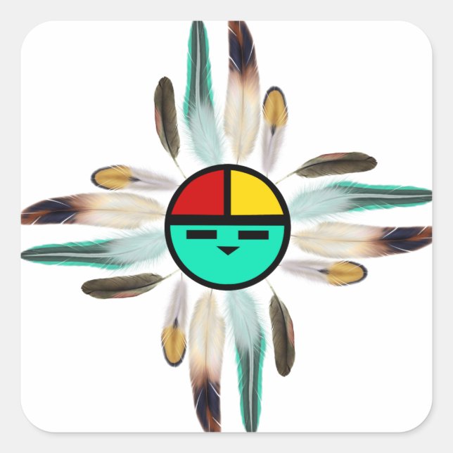 Zia Sun God with Feathers Square Sticker (Front)