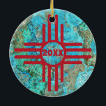 Zia Symbol Turquoise Year Christmas Tree Ceramic Ornament<br><div class="desc">Zia Symbol Turquoise Year Christmas Tree Ceramic Ornament 
- make it custom with year</div>