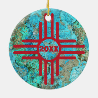 Zia Symbol Turquoise Year Christmas Tree Ceramic Ornament