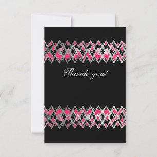 Zig zag silver lines, pink details on solid black thank you card