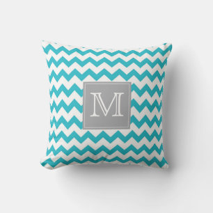 Zig Zag turquoise Pattern with gray monogram box Throw Pillow