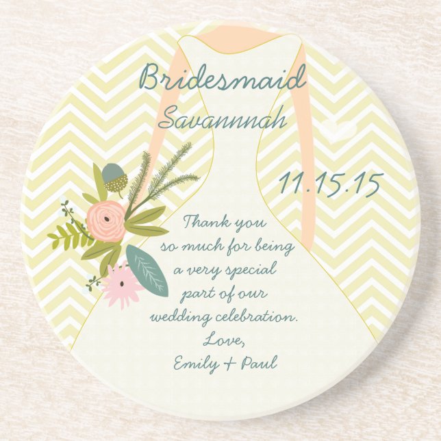 Zig Zag Wedding Gown Bridesmaid Keepsake Gift Sandstone Coaster (Front)
