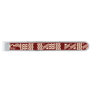 zig zags and dots wavey lines maroon and cream silver finish tie clip