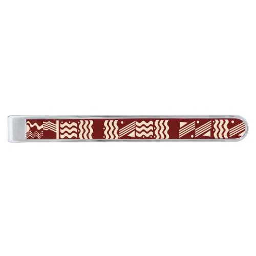 zig zags and dots wavey lines maroon and  cream silver finish tie clip