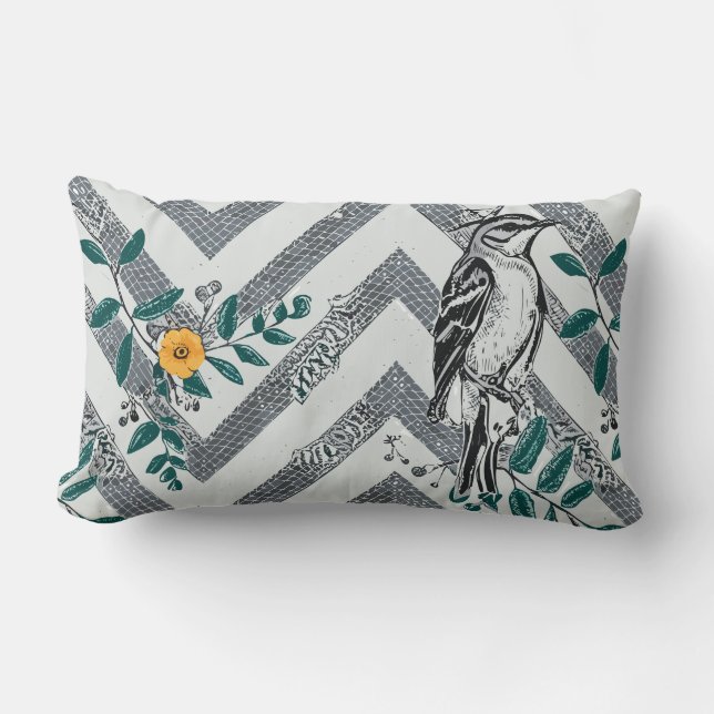 Zigzag Bird & Flower Pattern Lumbar Pillow (Front)