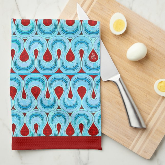 Zigzag Blue and Red Ribbon Candy - Red Border Kitchen Towel (Quarter Fold)