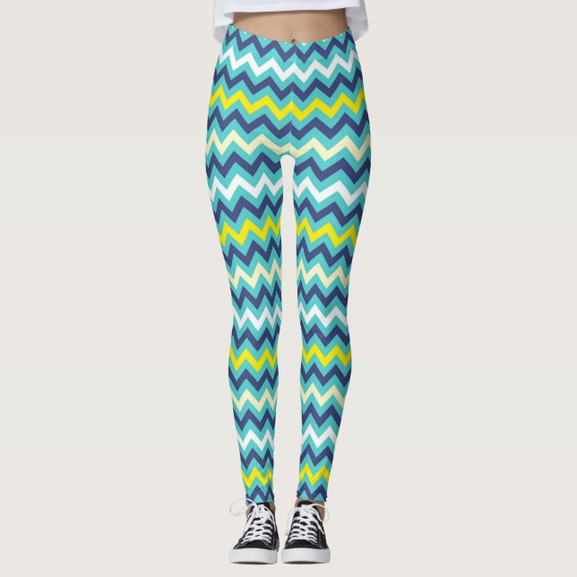 Zigzag Blue Green Yellow Chevron Pattern Pretty Leggings (Front)