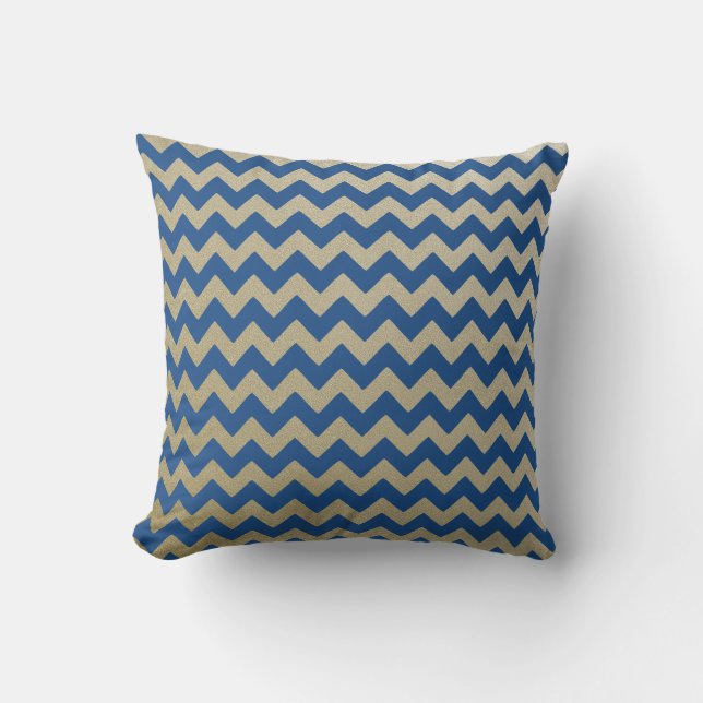 Zigzag Chevron Blue Gold Pattern Throw Pillow (Front)