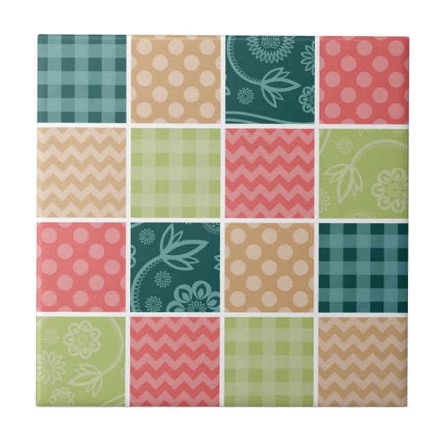 Zigzag, Chevron, Gingham, Polka Dots, Patchwork Ceramic Tile (Front)