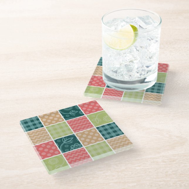 Zigzag, Chevron, Gingham, Polka Dots, Patchwork Glass Coaster (Angled)