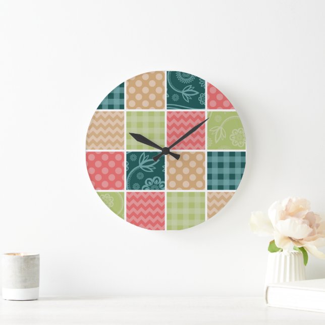 Zigzag, Chevron, Gingham, Polka Dots, Patchwork Large Clock (Home)