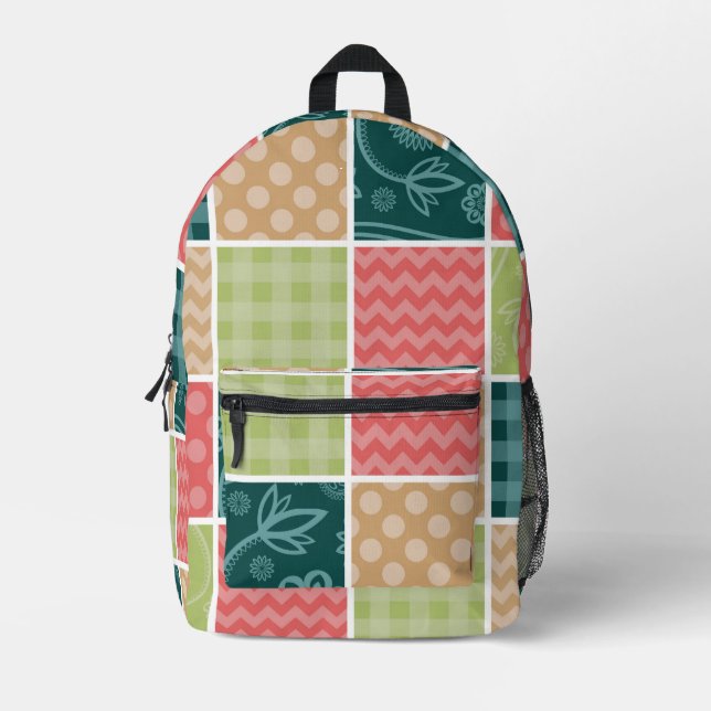 Zigzag, Chevron, Gingham, Polka Dots, Patchwork Printed Backpack (Front)