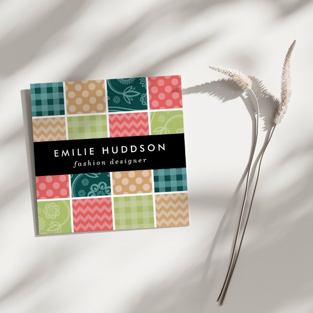 Zigzag, Chevron, Gingham, Polka Dots, Patchwork Square Business Card (Creator Uploaded)