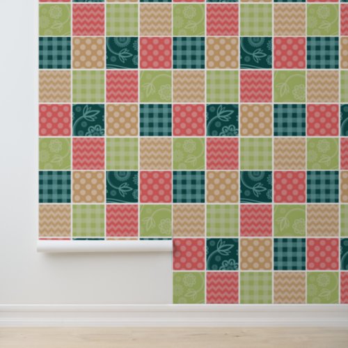 Zigzag Chevron Gingham Polka Dots Patchwork Wallpaper