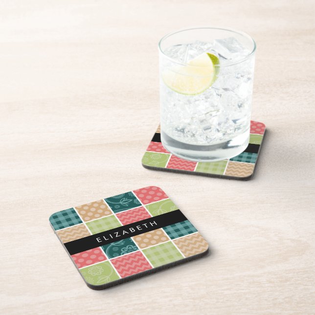 Zigzag, Chevron, Gingham, Polka Dots, Your Name Beverage Coaster (Right Side)