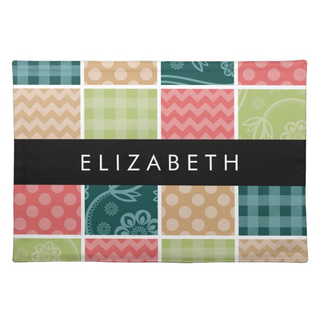 Zigzag, Chevron, Gingham, Polka Dots, Your Name Cloth Placemat (Front)
