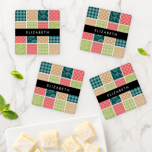 Zigzag Chevron Gingham Polka Dots Your Name Coaster Set