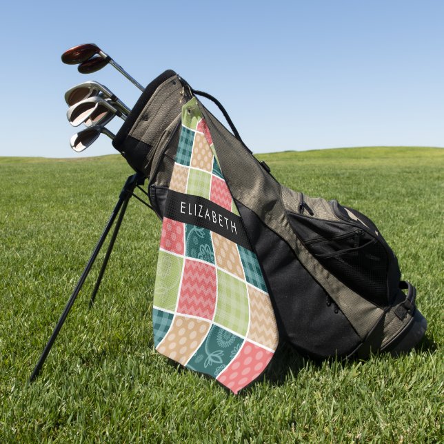 Zigzag, Chevron, Gingham, Polka Dots, Your Name Golf Towel (Green)