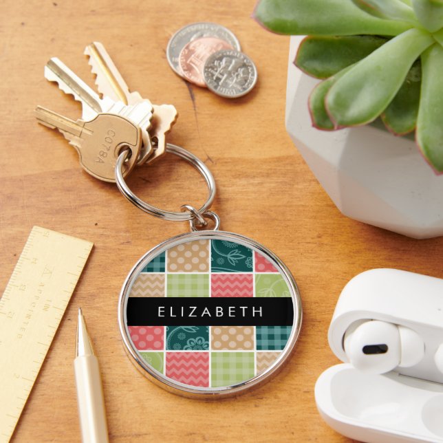 Zigzag, Chevron, Gingham, Polka Dots, Your Name Keychain (Desk)
