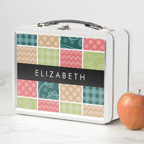 Zigzag Chevron Gingham Polka Dots Your Name Metal Lunch Box