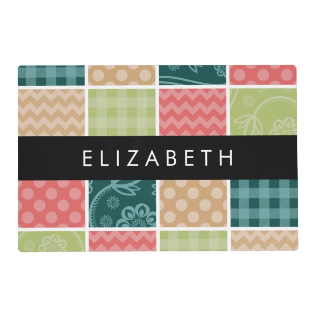 Zigzag, Chevron, Gingham, Polka Dots, Your Name Placemat (Front)
