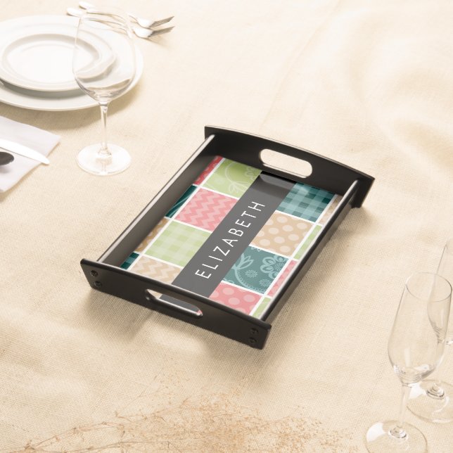 Zigzag, Chevron, Gingham, Polka Dots, Your Name Serving Tray (Front)