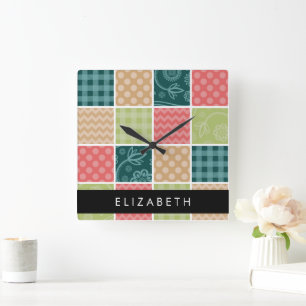 Zigzag, Chevron, Gingham, Polka Dots, Your Name Square Wall Clock