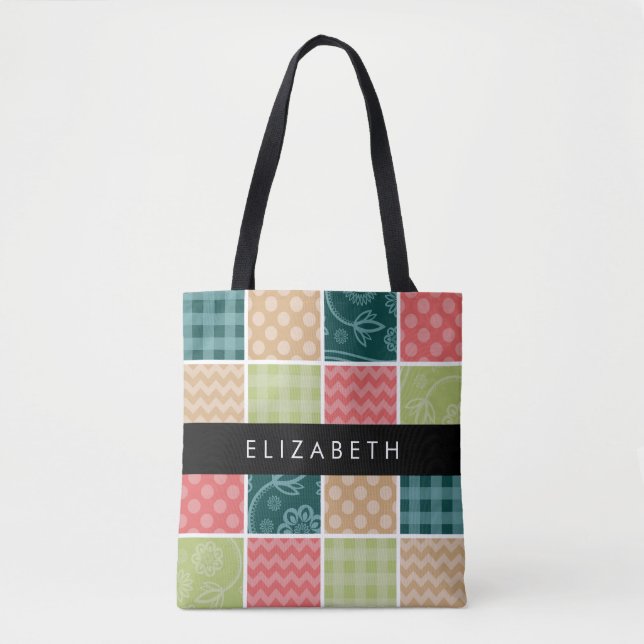 Zigzag, Chevron, Gingham, Polka Dots, Your Name Tote Bag (Front)