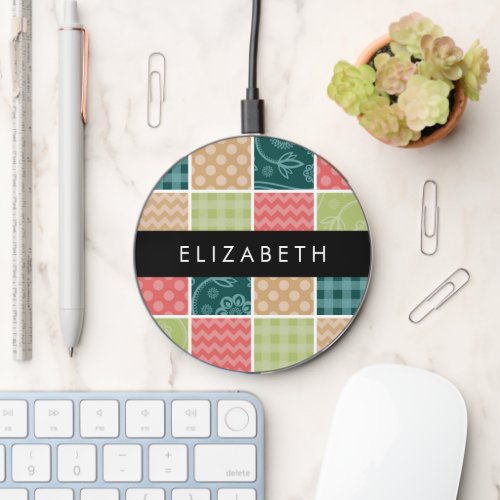 Zigzag Chevron Gingham Polka Dots Your Name Wireless Charger