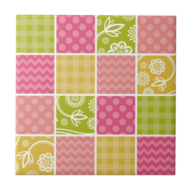 Zigzag, Chevron, Polka Dots, Gingham, Patchwork Ceramic Tile (Front)
