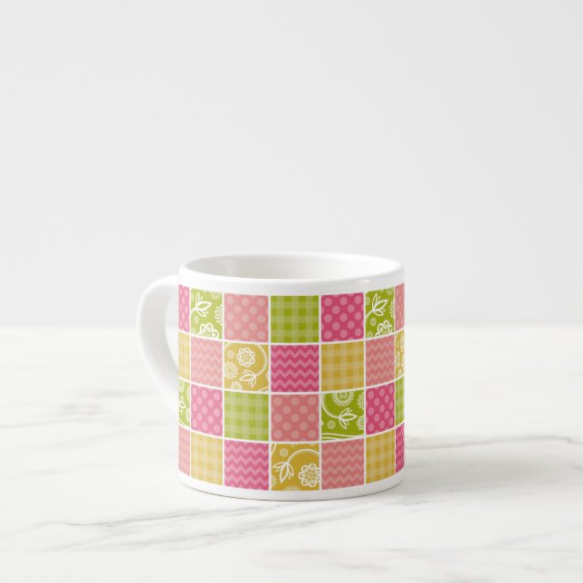 Zigzag, Chevron, Polka Dots, Gingham, Patchwork Espresso Cup (Front Left)