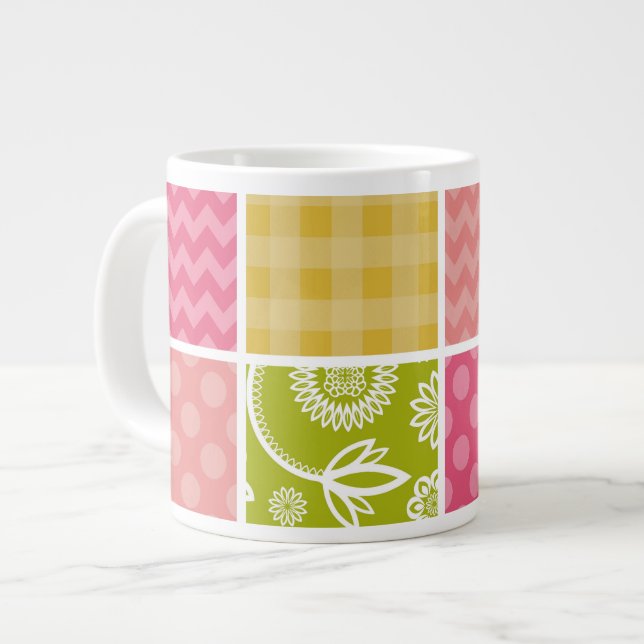 Zigzag, Chevron, Polka Dots, Gingham, Patchwork Giant Coffee Mug (Front Left)