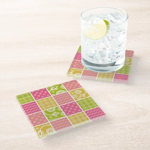 Zigzag Chevron Polka Dots Gingham Patchwork Glass Coaster