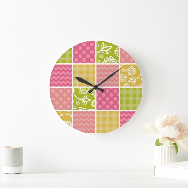 Zigzag, Chevron, Polka Dots, Gingham, Patchwork Large Clock (Home)