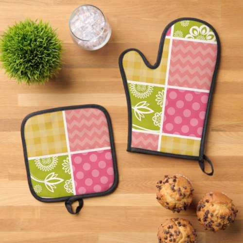 Zigzag Chevron Polka Dots Gingham Patchwork Oven Mitt  Pot Holder Set