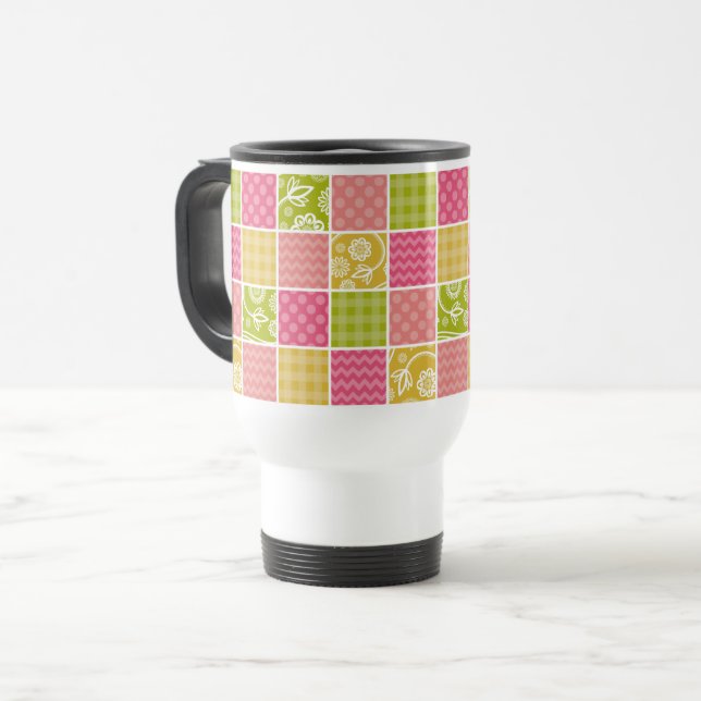 Zigzag, Chevron, Polka Dots, Gingham, Patchwork Travel Mug (Front Left)