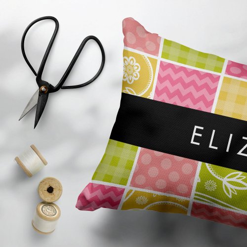 Zigzag Chevron Polka Dots Gingham Your Name Accent Pillow