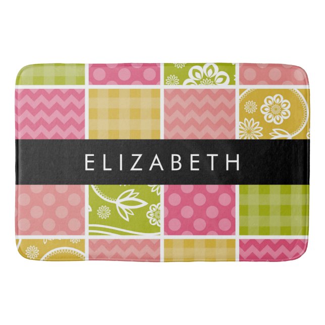 Zigzag, Chevron, Polka Dots, Gingham, Your Name Bath Mat (Front)