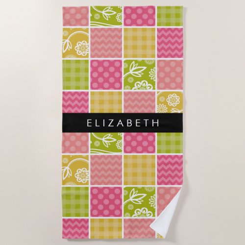 Zigzag Chevron Polka Dots Gingham Your Name Beach Towel