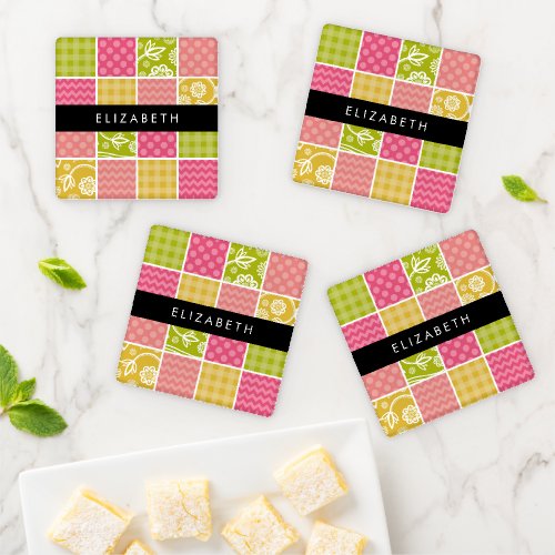 Zigzag Chevron Polka Dots Gingham Your Name Coaster Set