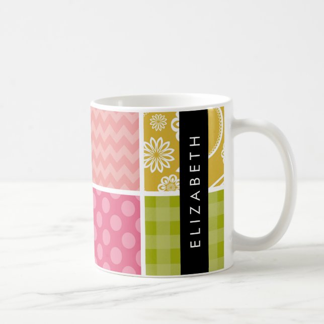 Zigzag, Chevron, Polka Dots, Gingham, Your Name Coffee Mug (Right)